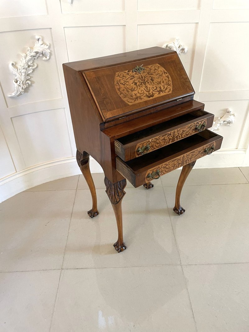 Unusual Antique Burr Walnut Marquetry Inlaid Bureau - Image 3